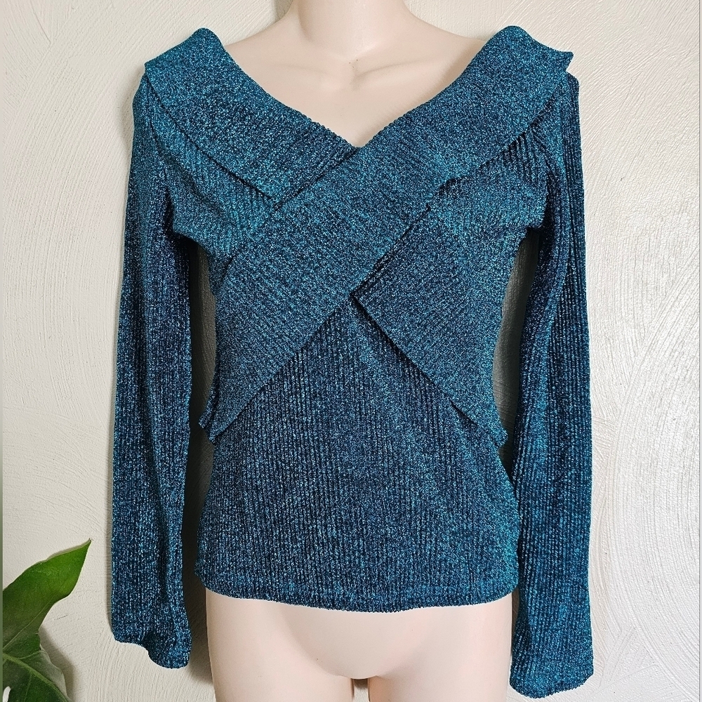 Shein Tealish Green Glitter Criss Cross Front Top Size Womens Small LIKE NEW